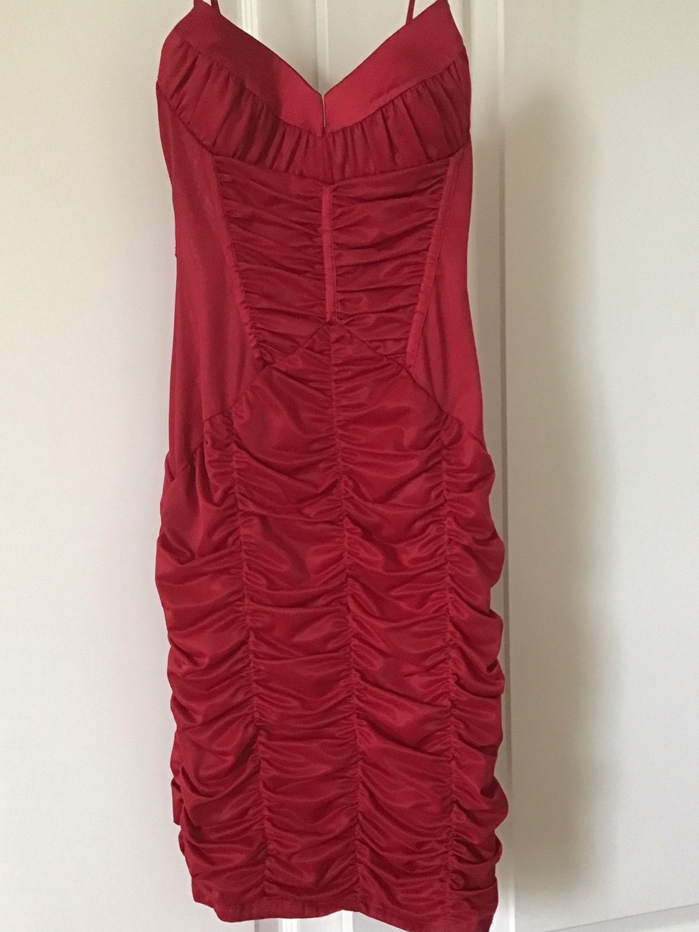bebe Red Ruched Satin Midi Dress
